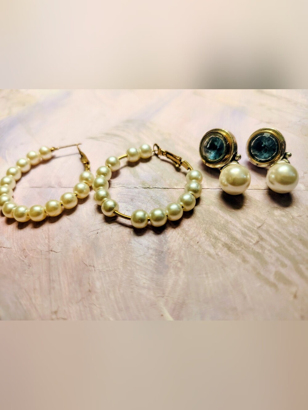Vintage Gold Tone Faux Pearl Earring Set Hoops Cabochon Dangles
